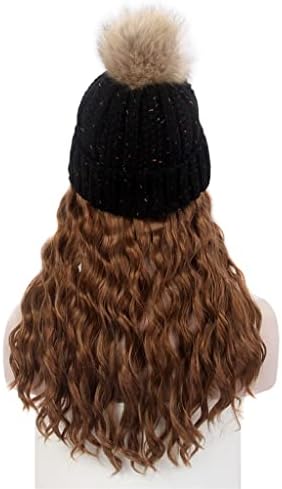 HGVVNM Модни дамски шапка за коса, една черна вязаная шапка, перука, дълга къдрава кафява перука и една шапка