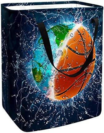 Воден Баскетбол Карта на Земята Печат Сгъваема Кошница За Дрехи, 60Л Водоустойчив Кошници за Бельо Кошница за