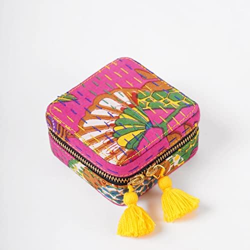 Ярка розова квадратна ковчег за бижута Vliving Kantha, подарък за пътуване, подарък подружке булка-4X4