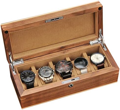 Кутия за съхранение на дисплея Луксозни часовници Премия с 5 Слота, Калъф За колекция от Бижута, Органайзер, Заливка от Орехово Дърво, Запирающаяся Метален обтегач (