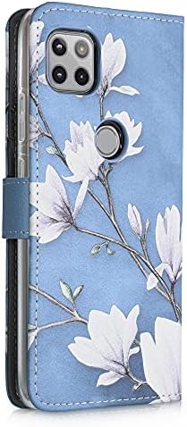 чанта-портфейл kwmobile, Съвместим с калъф Motorola One 5G Ace от изкуствена кожа - Magnolias Taupe/Бял / Синьо-Сив
