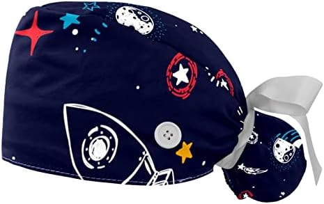 2 Опаковане на Работни шапки за еднократна употреба с Каишка за пот за жени, Шапки-Ексфолианти с Кон Опашка Космически Звезди, Ракети, Планети