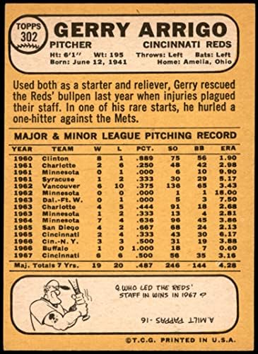 1968 Topps 302 Джери Арриго Синсинати Редс (Бейзболна картичка) БИВШИЯТ играч на червените