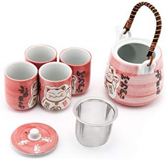 Стоки Fuji Японски Дизайн Maneki Neko Лъки Cat Керамичен Чайник и 4 Чаша Чай Азиатски Начало Декор