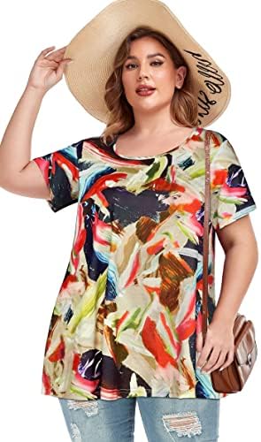 Дамски Блузи Големи Размери, Туника, Ежедневни Тениски с Къс Ръкав в Цветенце, Струящиеся Блузи