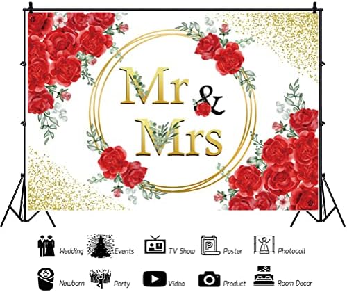 Г-н и г-жа Фон 7 х 5 метра Червена Роза Цвете Сватба Блестящ Златен Фон и Бяло г-Ца г-жа Фон Банер за Парти