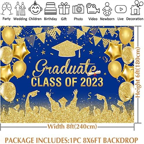 Avezano 2023 Фон за снимки на дипломирането, син и златен Клас 2023, на Фона поздрави завършилите, Шапка, Бакалавър, Блестящи балони за училищния абитуриентски бал, Бижута з