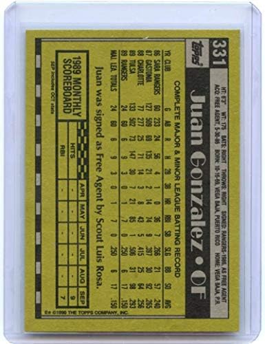 1990 Topps 331 Хуан Гонзалес Мента MLB Бейзбол RC Нов Рейнджърс
