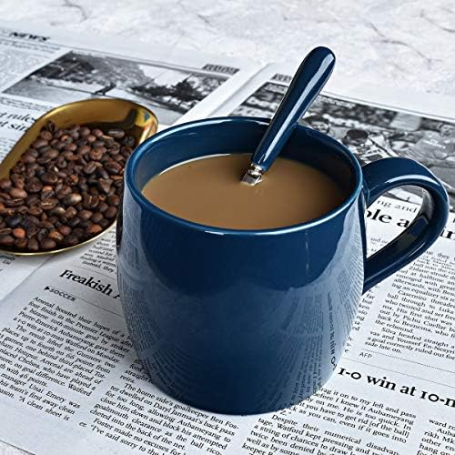 Керамични Кафеена чаша Bosmarlin с лъжица, Синя Чаена чаша за офиса и дома, Могат да се мият в миялна машина