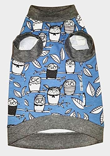 Памучен Стрейчевая тениска Kotomoda Hairless Cat ' s Tender Owls Blue за котки-Сфинксове