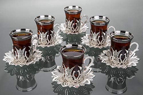 Турски Чай LaModaHome /Турски Чаени чаши от 6 броя с Притежателите на Сребърни и Чинии - Необичайна Ретро Стъклен