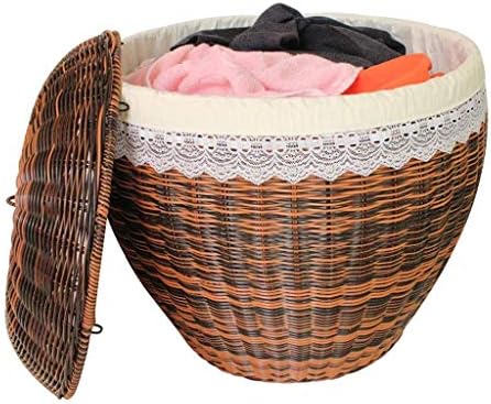 Кошница за дрехи WSZJJ от морска трева с подплата - Кръгла кофа за дрехи, с капак С разположени дръжки за лесно