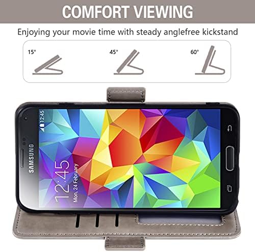 Asuwish е Съвместим с Samsung Galaxy S5 Чанта-портфейл и Защитно фолио за екран от закалено Стъкло, Държач за карти, Панти Каишка на Китката, Калъф за мобилен телефон Glaxay S 5 Нео G