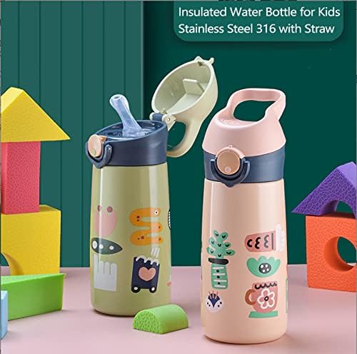 WPOOS Детска Изолирано Бутилка за вода с панти капак от слама, Бебешки Бутилки за вода от Неръждаема Стомана