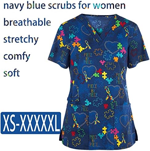 Дамски блузи-Ексфолианти с Еластична принтом, Ризи с къс ръкав, Униформи на медицински сестри с V-образно деколте