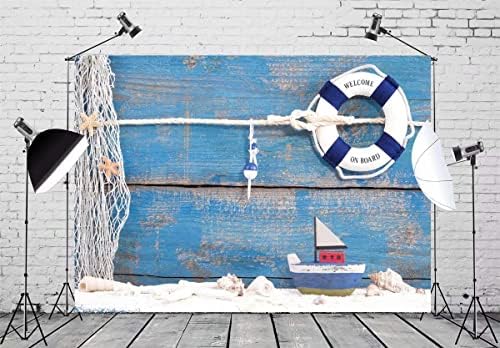 Текстилен Морски Фон BELECO размер 8x6 фута, Спасителен кръг и миди, за играчки, лодки в Синьо, кутия от дърво