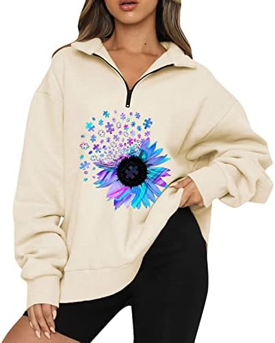KUAILEYA четвърт светкавица пуловер жени, женски печат големи половината от мълния пуловер hoody с дълъг ръкав