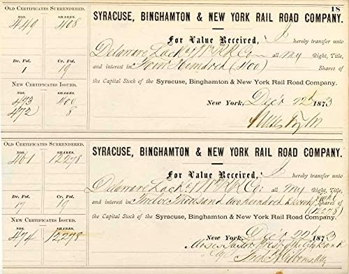 Съоръжения за пренос на листове Syracuse, Binghamton и New York Rail Road Co., подписани Мозесом Тейлър - Прехвърляне на акции