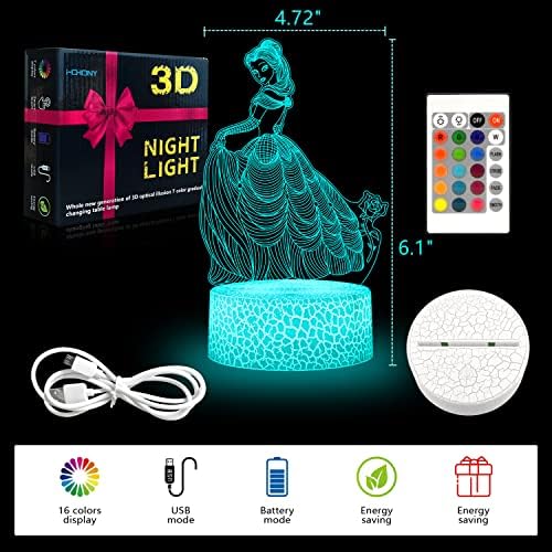 i-CHONY Принцеса Подаръци за лека нощ Момичета, Принцеса 3D Илюзия Лампа с дистанционно управление и Smart Touch
